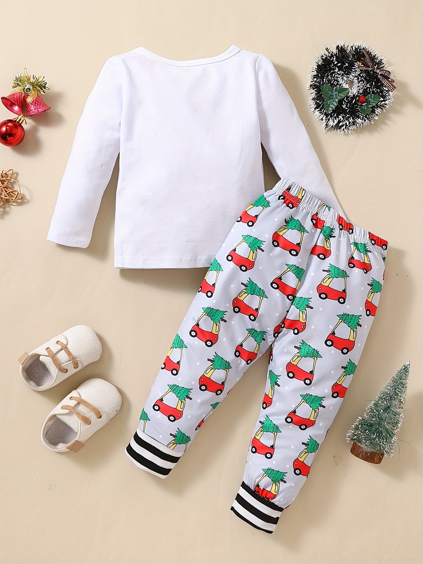 Christmas Boys Baby Toddler Cotton Long Sleeve Cute Small Car Print Top & Full Print Trousers Set Autumn Winter 2pcs Clothes Outdoor Set