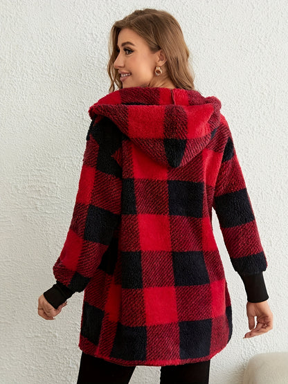 vlovelaw  Plaid Print Open Front Fuzzy Coat, Casual Long Sleeve Hooded Coat For Fall & Winter, Women's Clothing