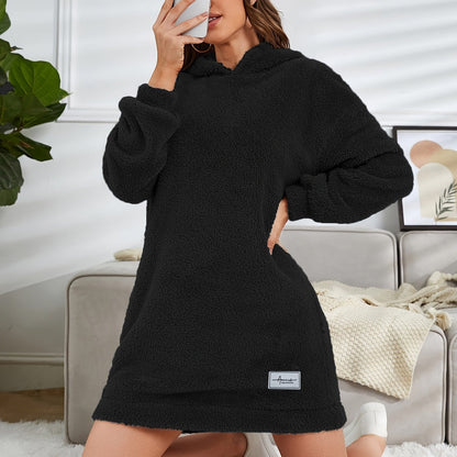 vlovelaw Hooded Teddy Dress, Casual Long Sleeve Simple Warm Dress, Women's Clothing