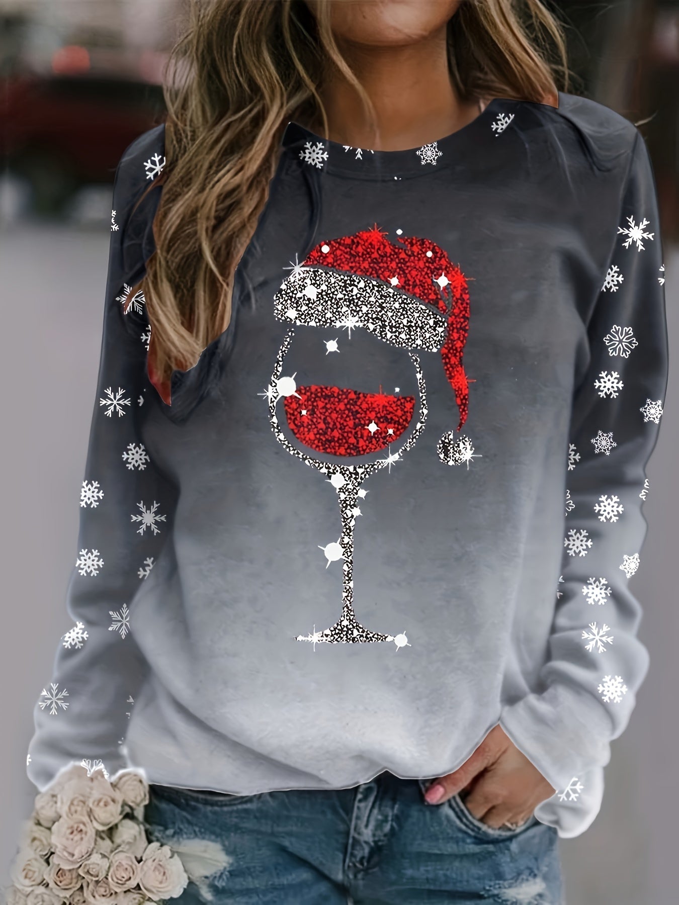 vlovelaw  Christmas Snowflake Print Crew Neck Sweatshirt, Long Sleeve Casual Sports Pullover Top, Women's Clothing