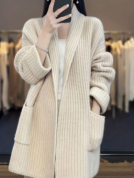 vlovelaw  Solid Open Front Knit Cardigan, Casual Long Sleeve Oversized Sweater Coat With Pocket, Women's Clothing