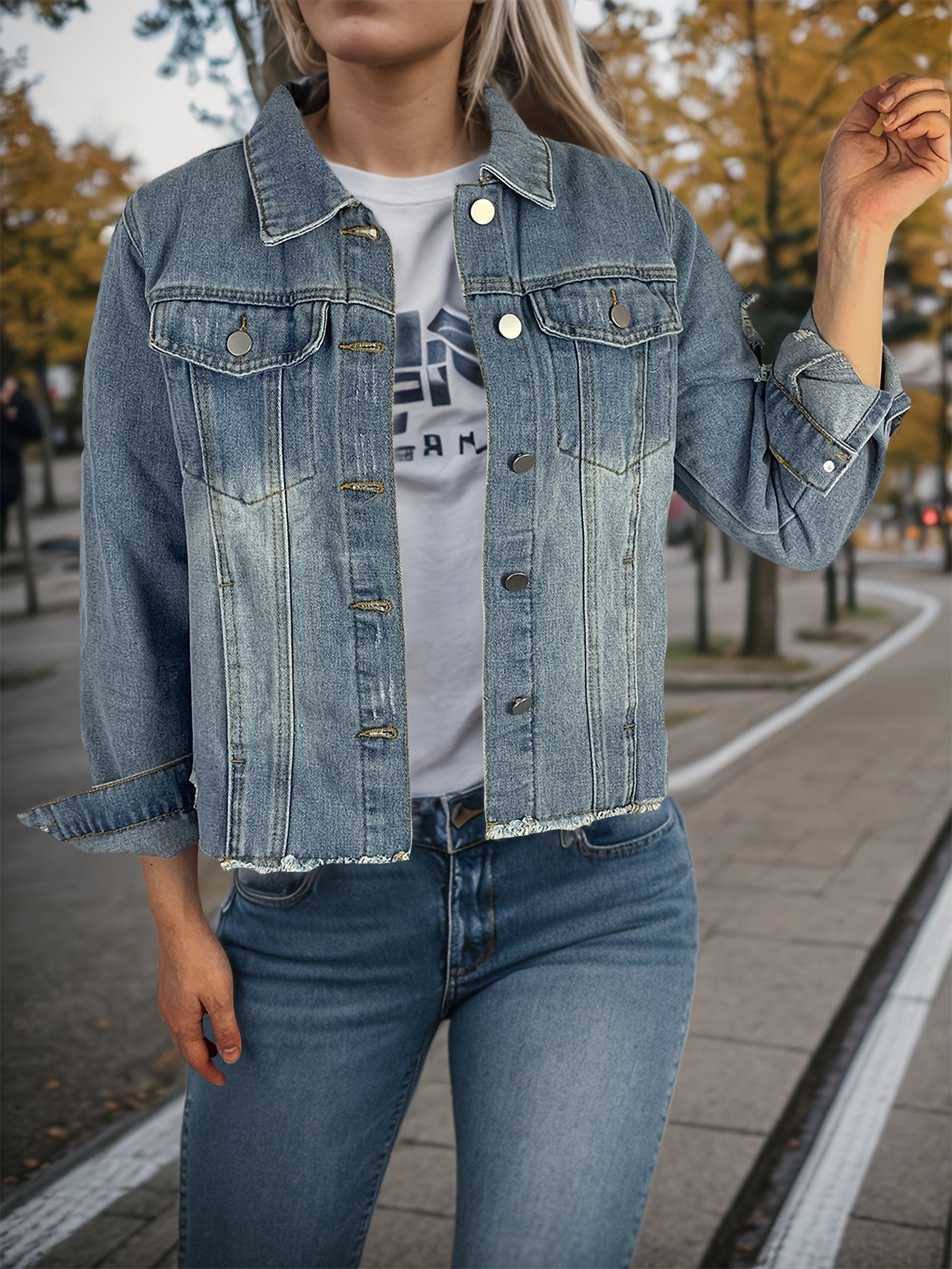 vlovelaw  Long Sleeves Lapel Denim Coat, Ripped Holes Frayed Hem Casual Denim Jacket, Women's Denim Clothing