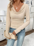 Stylish Solid Color Cowl Neck Long Sleeve T-Shirt - Comfortable, Elegant, and Versatile for Spring & Fall - Women's Clothing for Everyday Wear