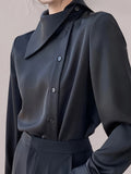 vlovelaw Solid Button Front Asymmetrical Neck Blouse, Elegant Long Sleeve Blouse For Spring & Fall, Women's Clothing