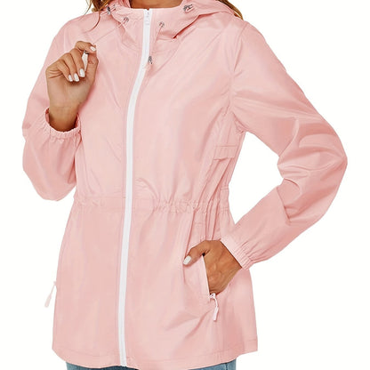 vlovelaw  Drawstring Hooded Jacket, Casual Zip Up Long Sleeve Solid Outerwear, Women's Clothing