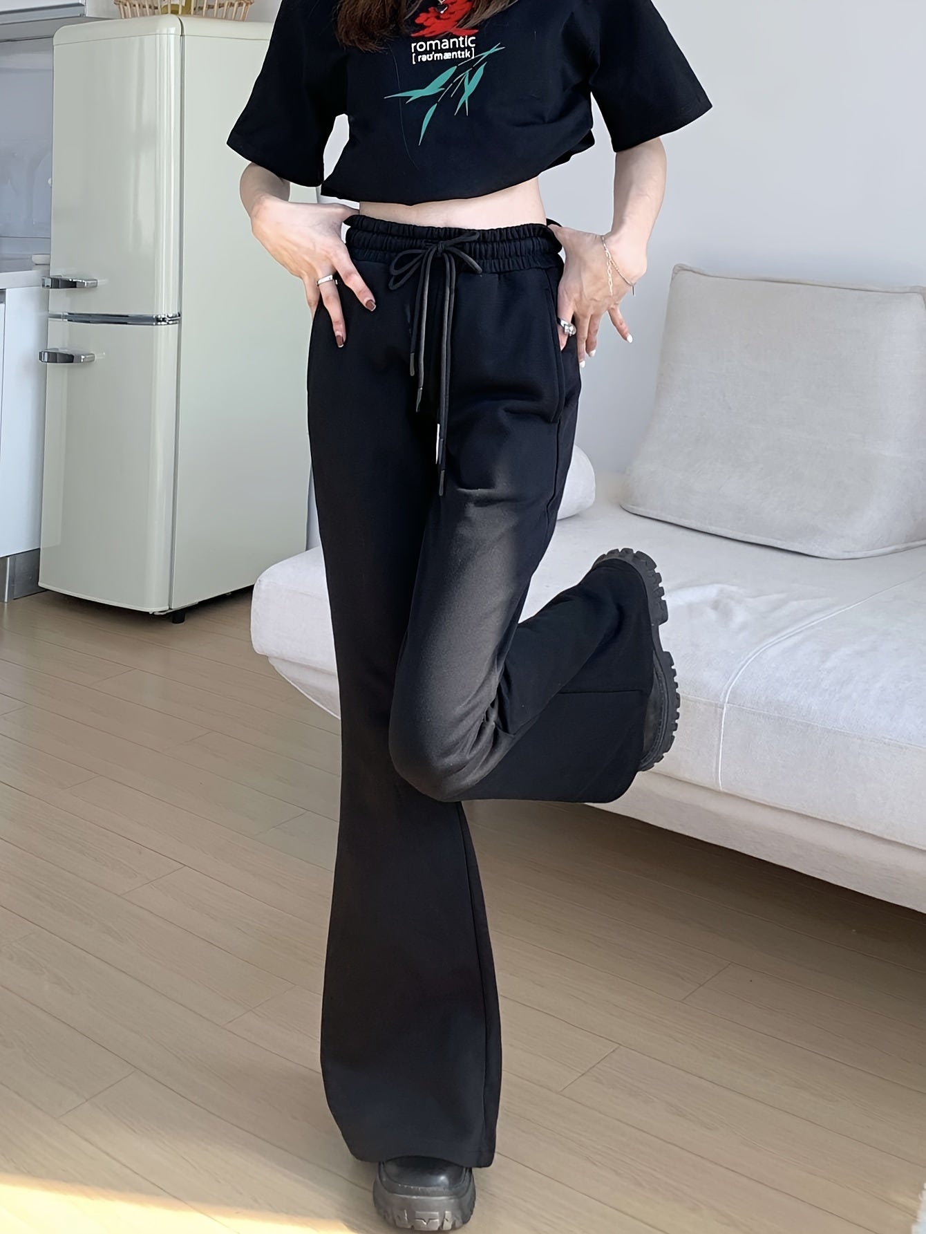 vlovelaw  Solid Flare Leg Pants, Casual Drawstring High Waist Sporty Pants With Pocket, Women's Clothing