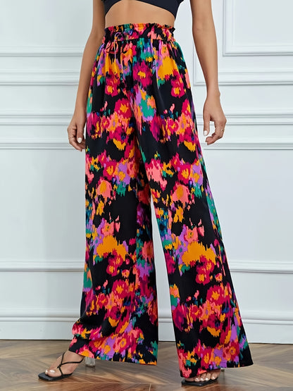 vlovelaw  Allover Print Wide Leg Ants, Elegant Paper Bag Waist Long Length Pants, Women's Clothing