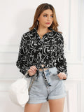 Figure Print Tie Front Crop Blouse, Vacation Style Long Sleeve Blouse, Women's Clothing