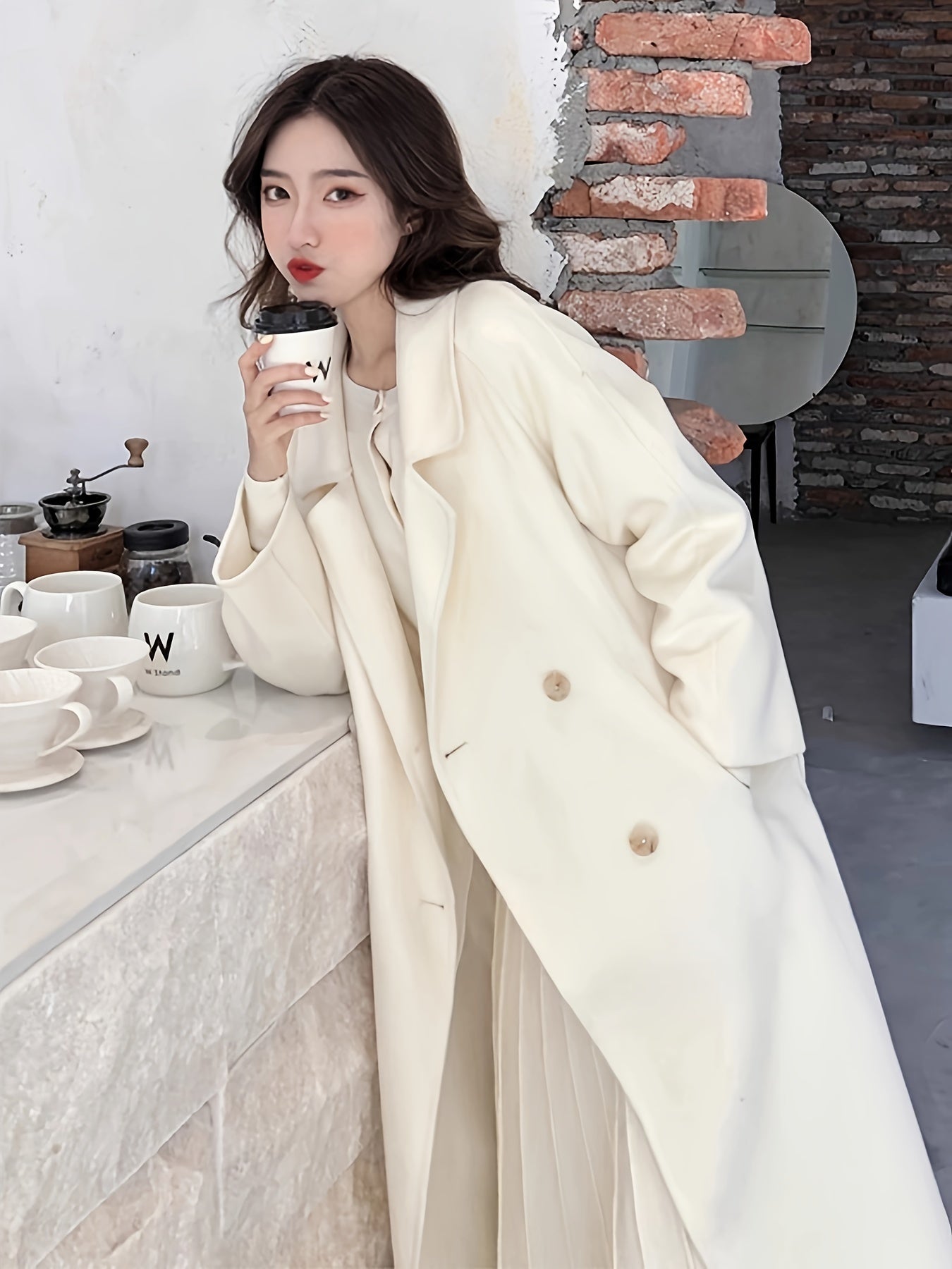 vlovelaw  Solid Double-breasted Tied Coat, Casual Long Sleeve Lapel Coat For Fall & Winter, Women's Clothing