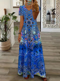 Ethnic Floral Print Dress, Boho V Neck Short Sleeve Maxi Dress, Women's Clothing