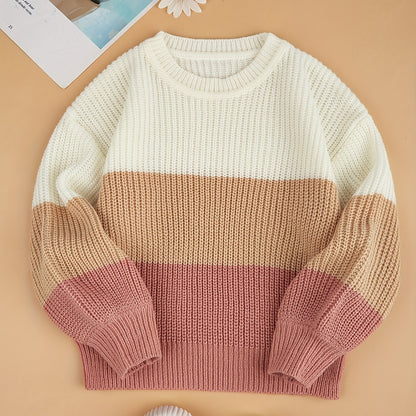 Adorable Girls' Drop Shoulder Knit Sweater Tops - Soft, Cozy, and Stylish Contrast Color Design for Autumn and Winter Seasons - Perfect for Casual Daily Wear