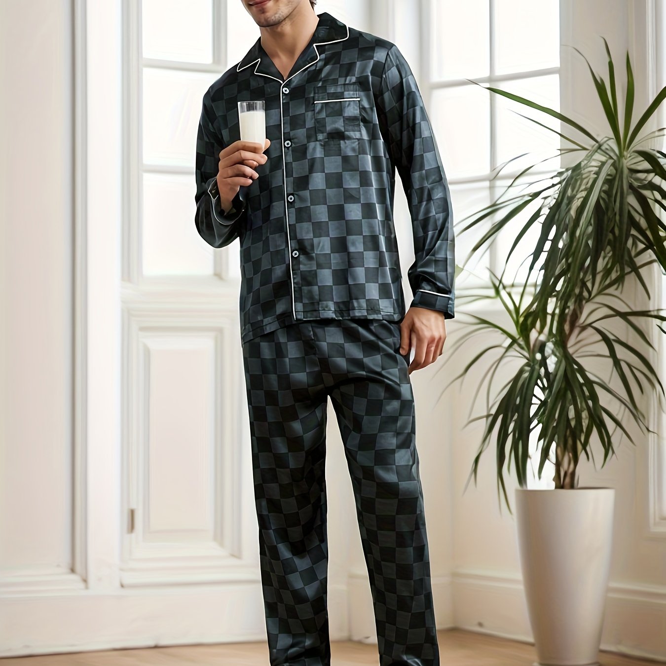 2 Pcs Men's Silky Trendy Plaid Print Open Front Long-sleeves & Long Pants Pajama Sets, Comfortable & Skin-friendly Style Pajamas For Men's Cozy Loungewear