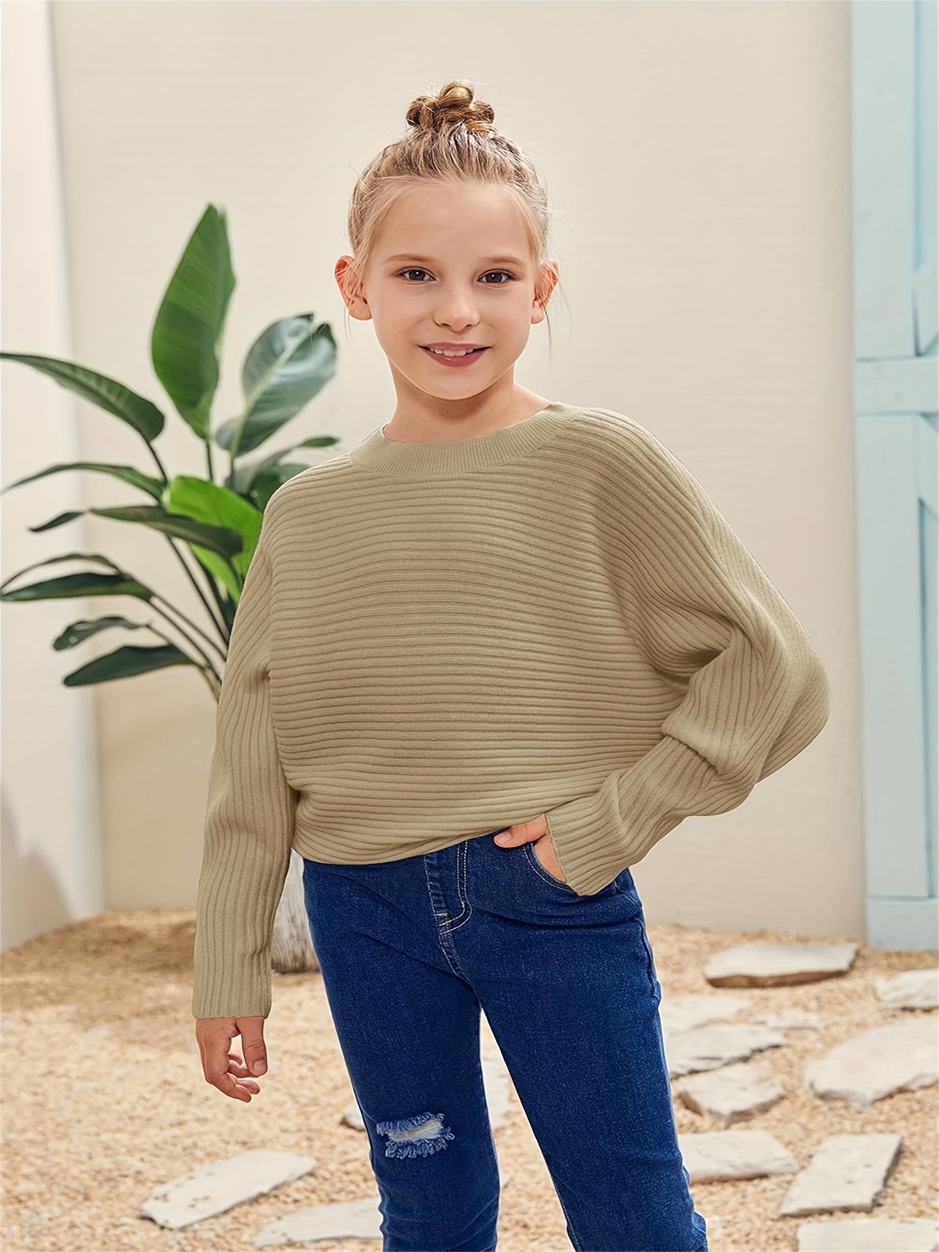 Kids' Cozy Oversized Batwing Crewneck Sweater - Soft, Chunky, Slouchy, Long Sleeve, Fall Fashion Essential for Girls - Cute Pullover Jumper Shirt for Casual Daily Wear