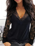 vlovelaw  Lace Hem Stitching T-Shirt, Casual V-Neck Long Sleeve T-Shirt, Casual Every Day Tops, Women's Clothing