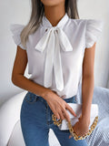 vlovelaw Bow Tie Flutter Sleeve Blouse, Elegant Sleeveless Solid Ruffle Trim Blouse, Women's Clothing