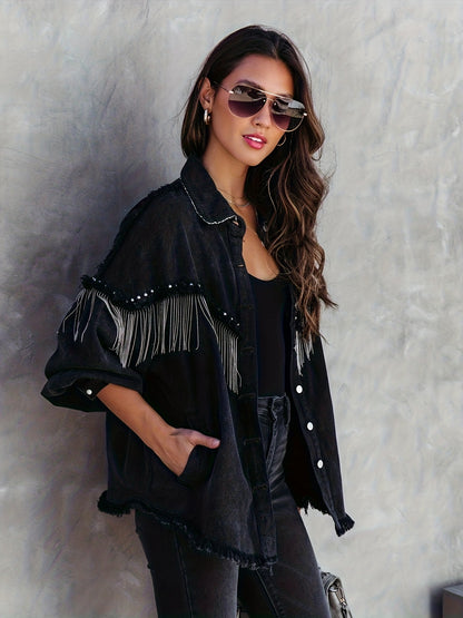 Black Fringe Decor Denim Jackets, Frayed Trim Long Sleeves Studded Street Style Denim Coats, Women's Denim Clothing