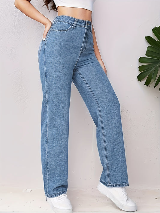 vlovelaw Blue Loose Fit Straight Jeans, High Waist Non-Stretch Slash Pockets Denim Pants, Women's Denim Jeans & Clothing