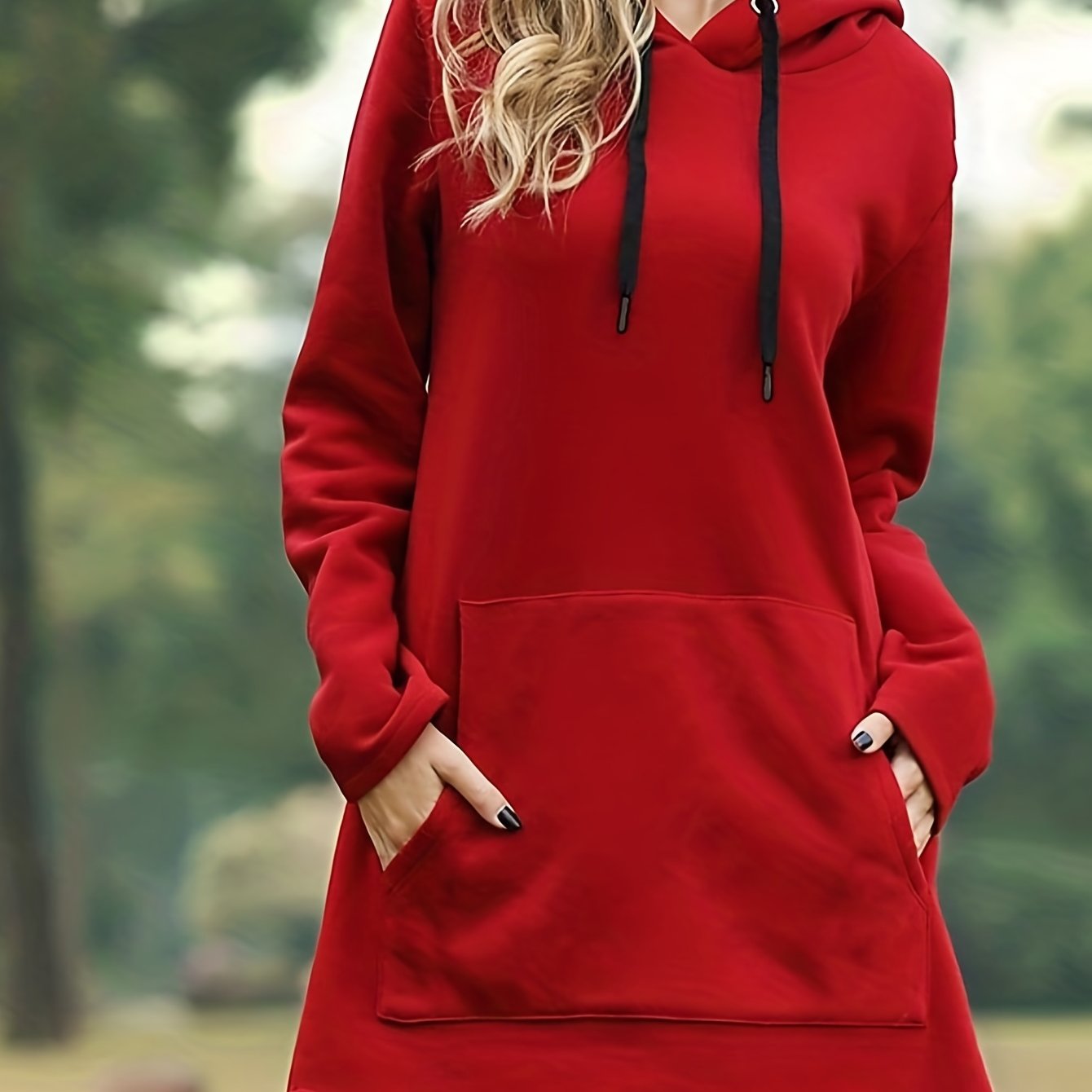 Solid Drawstring Pocket Hooded Dress, Casual Long Sleeve Dress For Spring & Fall, Women's Clothing