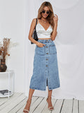 vlovelaw  Single-breasted Button Denim Skirts, Patched Pocket Slim Fitted Elegant Denim Skirts, Women's Denim Clothing