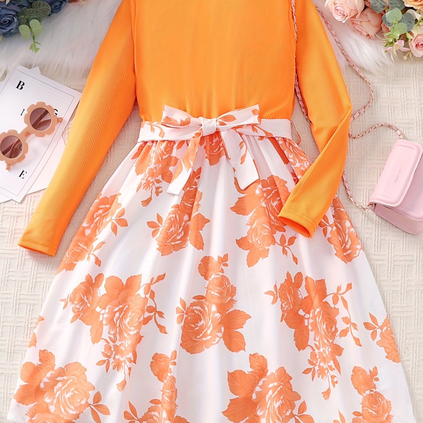 vlovelaw  Girls Long Sleeves Round Neck Flowers Splicing Belted Dress For Party Kids Spring Clothes