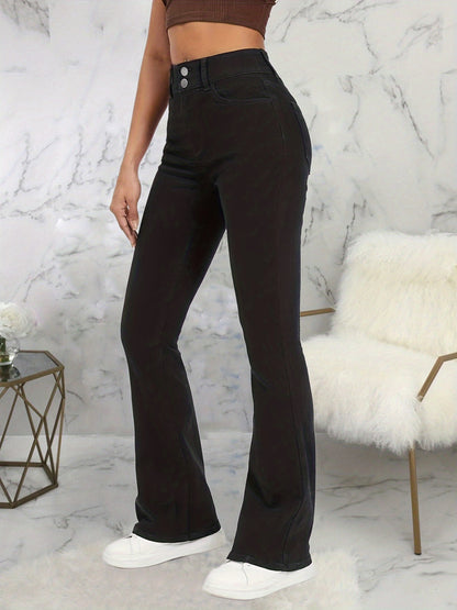 Plain Double Button Wide Leg Jeans, High Rise Mid Strech Street Style Flare Denim Pants, Women's Denim Jeans & Clothing