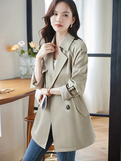 vlovelaw  Double-breasted Notched Collar Coat, Casual Long Sleeve Pocket Coat For Fall & Winter, Women's Clothing