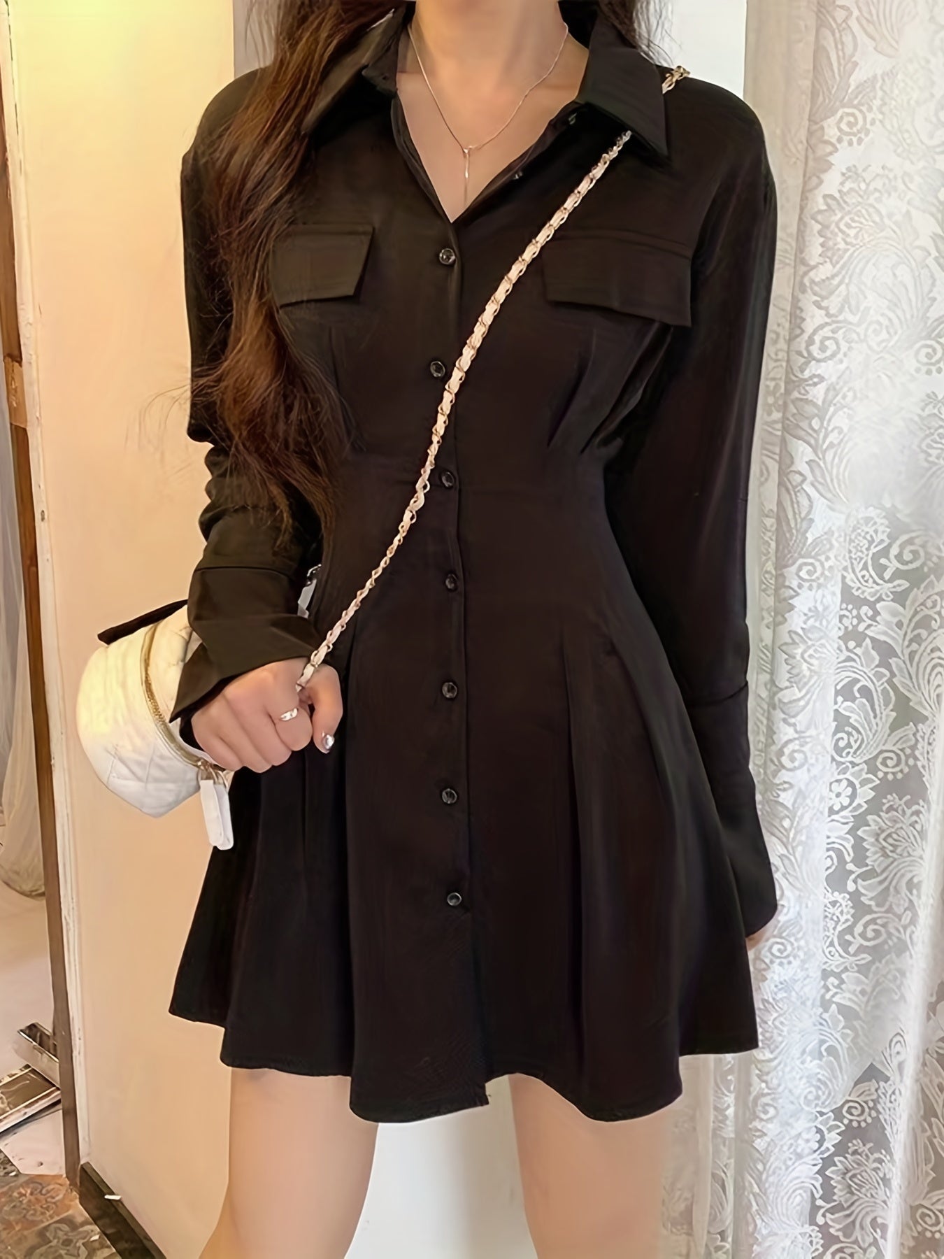 vlovelaw  Button Front Tucked Dress, Casual Solid Long Sleeve Collared Shirt Dress, Women's Clothing