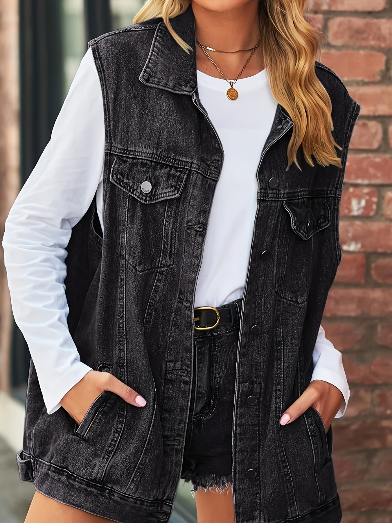 vlovelaw Sleeveless Slash Pocket Black Denim Jackets, Lapel Single-breasted Casual Denim Vest, Women's Denim Jeans & Clothing