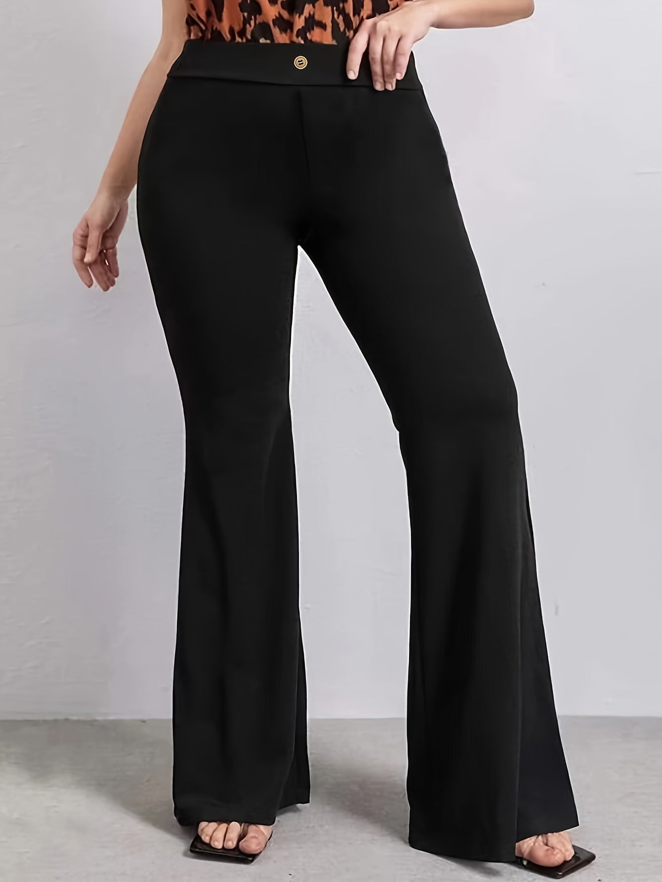 vlovelaw Plus Size Solid Flare Leg Pants, Casual High Waist Pants, Women's Plus Size Clothing