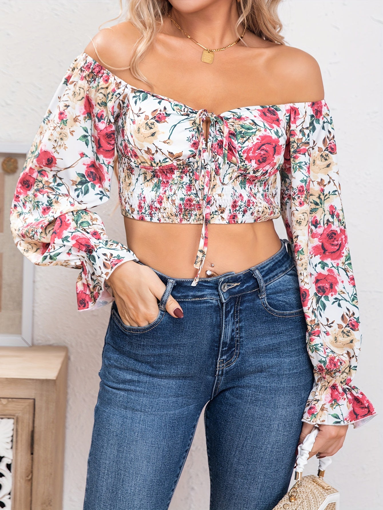 Floral Print Cold Shoulder Crop Blouse, Casual Long Sleeve Blouse For Spring & Fall, Women's Clothing