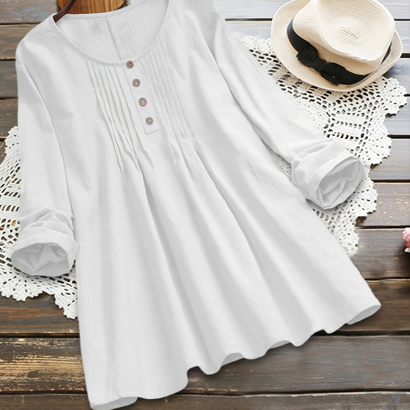 Plus Size Button Decoration Round Neck Oversized Blouse, Women's Plus Ruched Front Women Tops