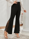 vlovelaw  Contrast Lace High Waist Pants, Casual Flare Leg Pants, Women's Clothing