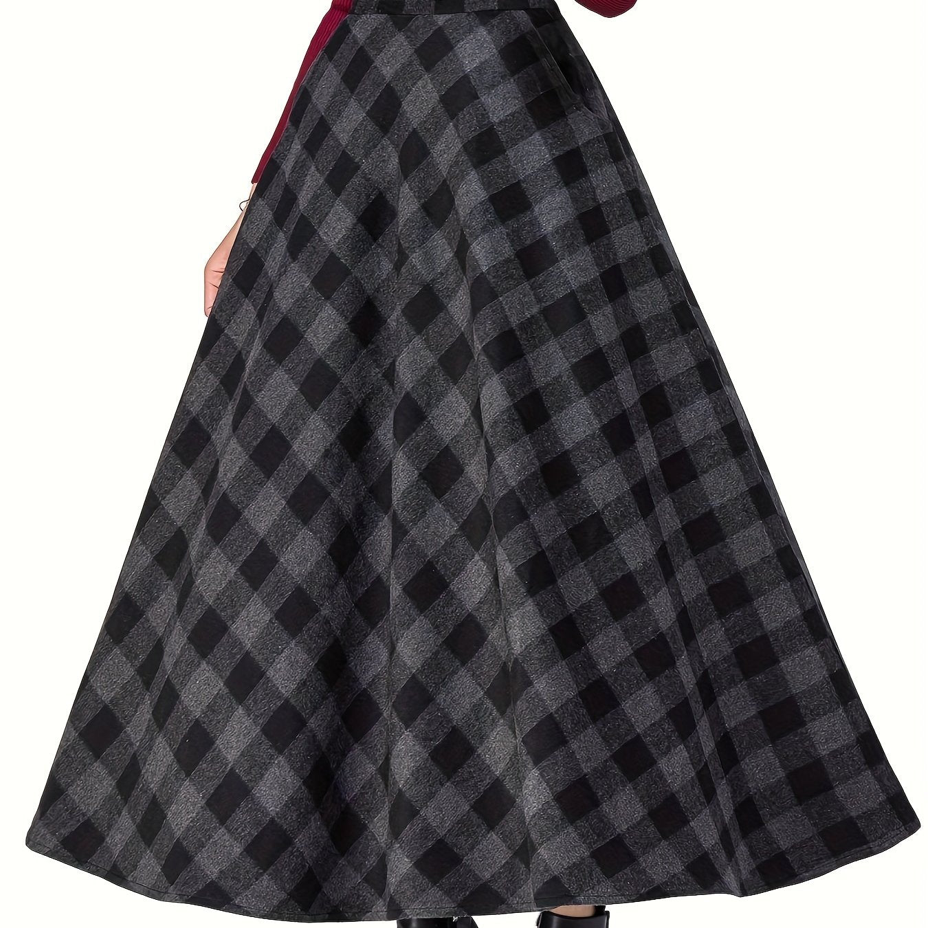 Plus Size Elegant Skirt, Women's Plus Plaid Print Elastic Waisted A-line Swing Skirt W