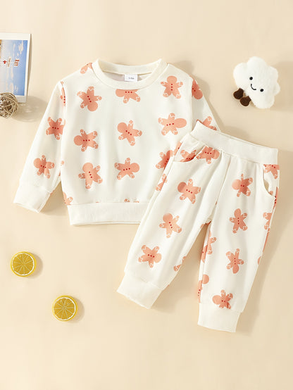 Baby Cute Cartoon Allover Print 2pcs Outfits, Toddler's Christmas Casual Pullover Top Pants Set