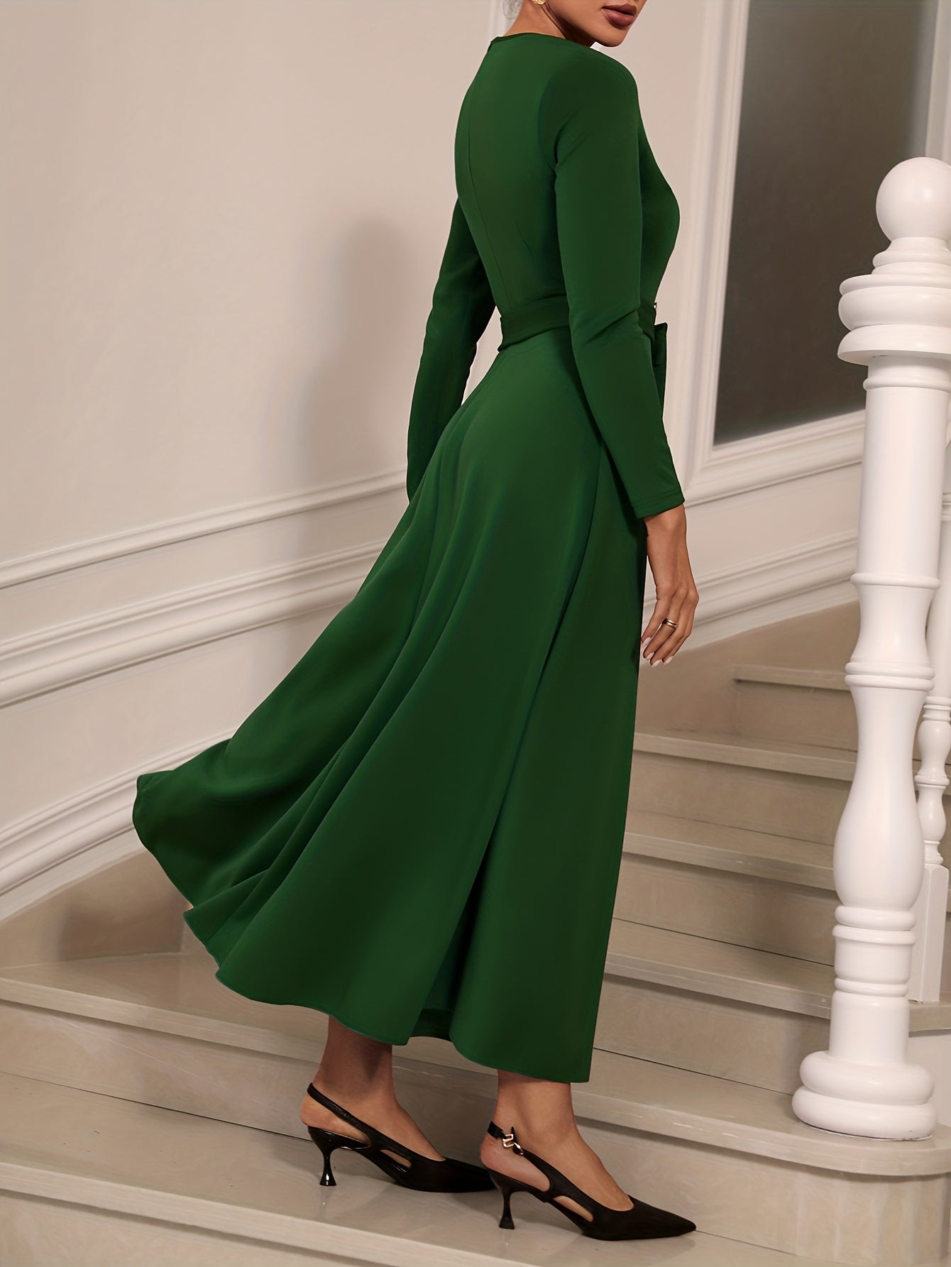 Solid Long Sleeve Belt Dress, Elegant Crew Neck Dress For Spring & Fall, Women's Clothing