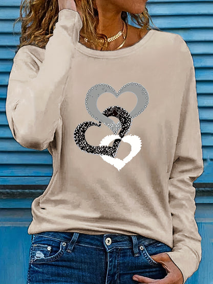 vlovelaw Heart Print Crew Neck T-shirt, Casual Long Sleeve Top For Spring & Fall, Women's Clothing