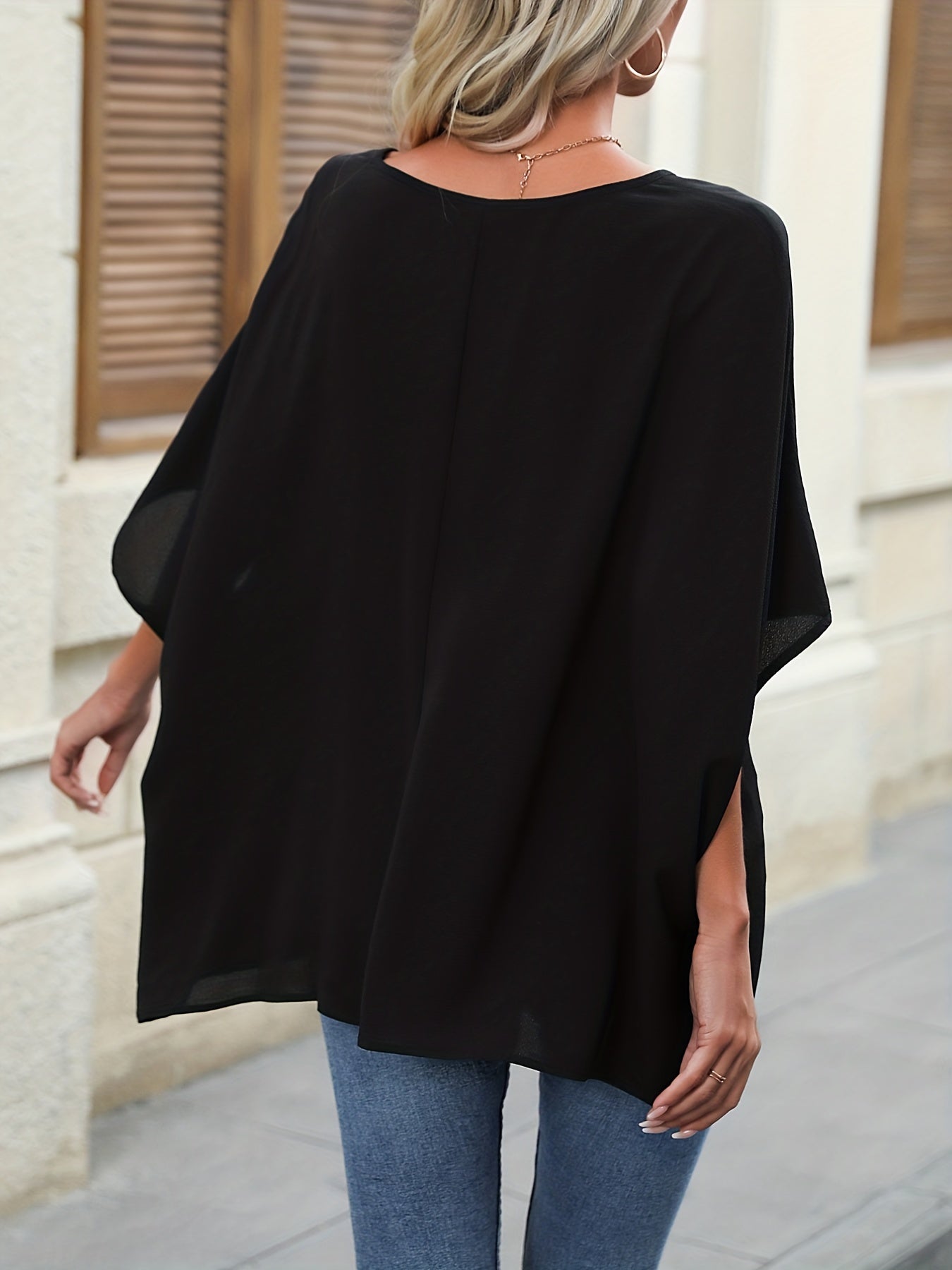 Solid Batwing Sleeve Blouse, Casual Crew Neck Versatile Blouse, Women's Clothing