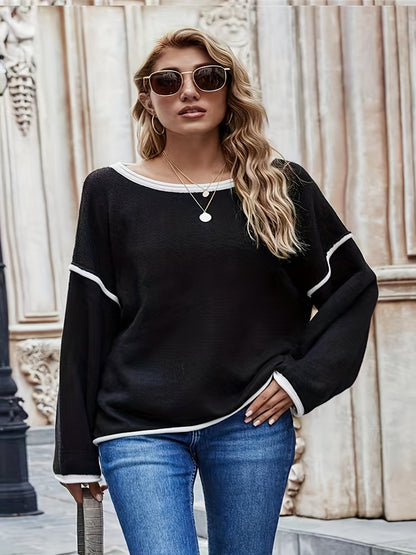 vlovelaw Plus Size Casual Sweater, Women's Plus Solid Long Sleeve Round Neck Slight Stretch Loose Sweater