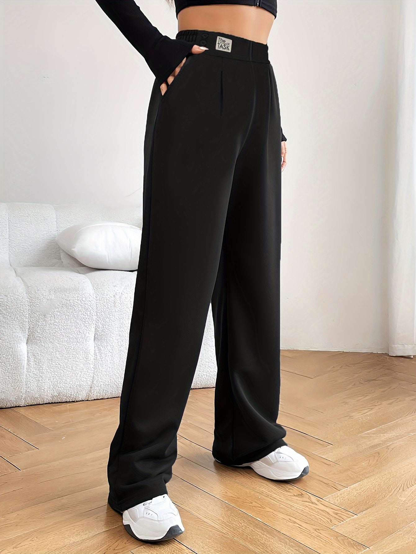 vlovelaw  Plus Size Sports Pants, Women's Plus Plain Black Double Buttons Waist Detail High Stretch Slash Pockets Pants