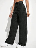 vlovelaw  Plain Loose Fit Baggy Jeans, Slant Pockets Non-Stretch Casual Wide Legs Jeans, Women's Denim Jeans & Clothing