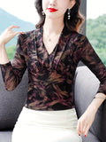 vlovelaw  Allover Print V Neck T-Shirt, Elegant Long Sleeve Top For Spring & Fall, Women's Clothing