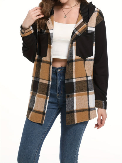 vlovelaw Plaid Print Hooded Jacket, Casual Button Front Long Sleeve Outerwear, Women's Clothing