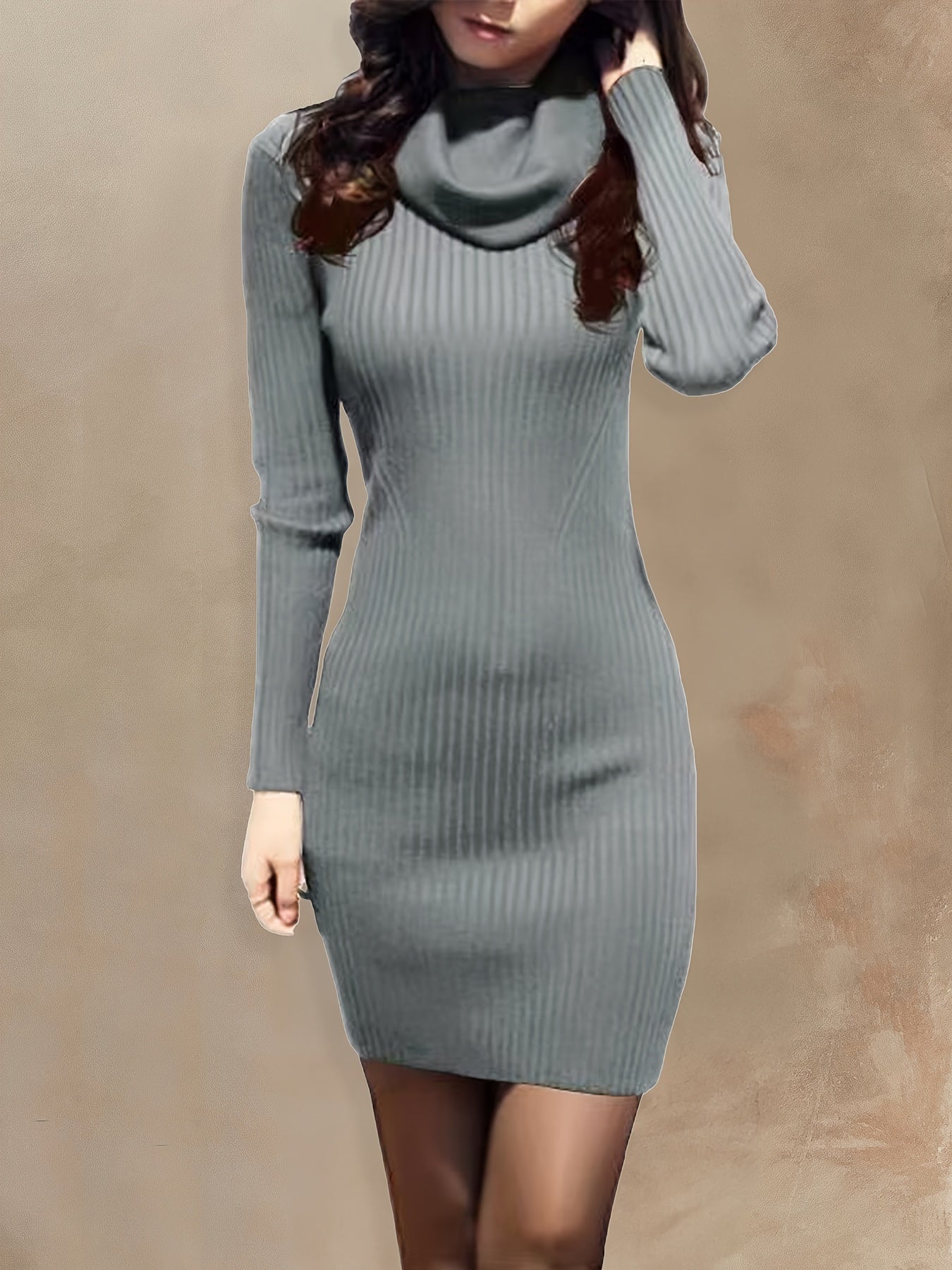 vlovelaw  Solid Cowl Neck Bodycon Knitted Dress, Sexy Long Sleeve Dress For Fall & Winter, Women's Clothing