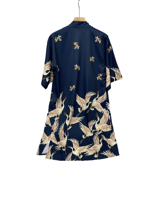 vlovelaw  Crane Print Split Kimono, Elegant Open Front Long Sleeve Coat For Spring & Fall, Women's Clothing