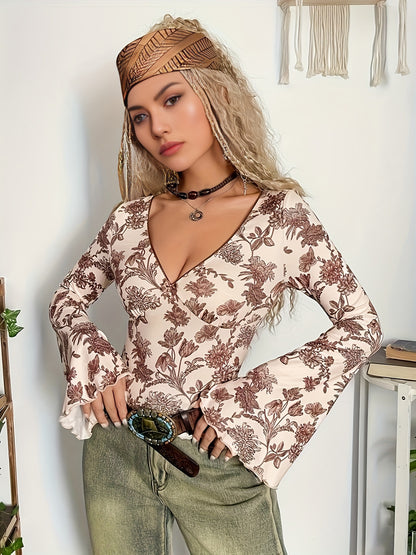 Floral Print V Neck T-shirt, Casual Flare Sleeve Lettuce Trim Top, Women's Clothing