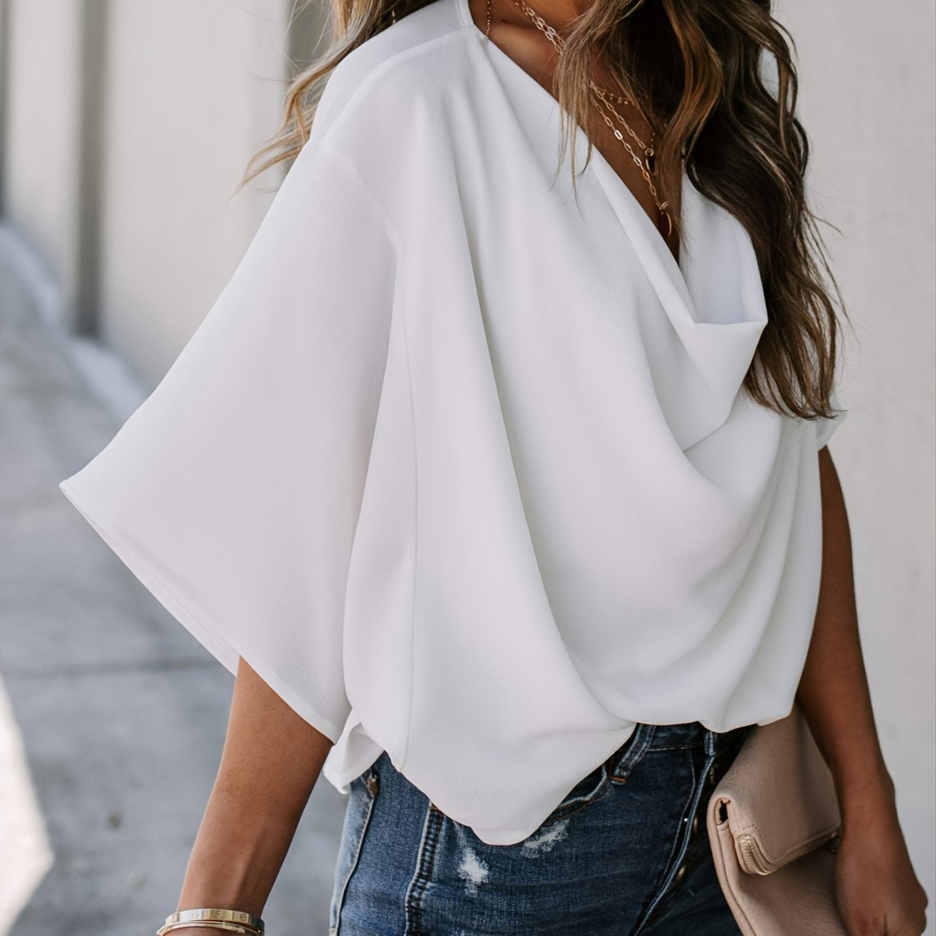 Women's Blouse V-neck Loose Casual Fashion Chiffon Solid Blouse