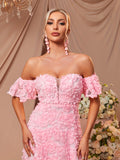 vlovelaw  Sweetheart Neck Floral Dress, Puff Sleeve Off-shoulder Floor Length A-line Dress, Women's Clothing