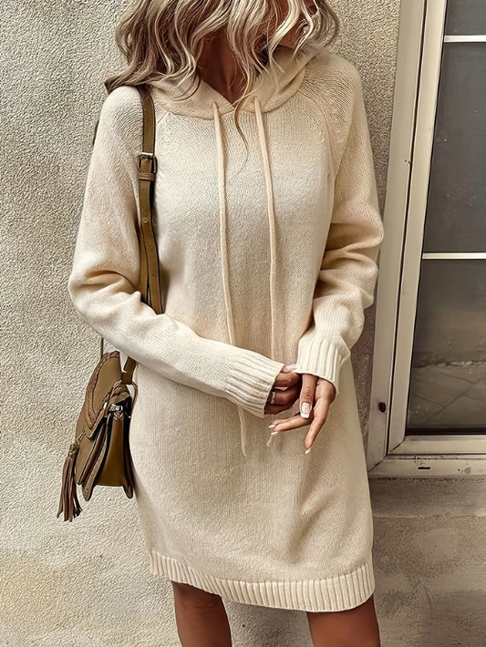 vlovelaw  Solid Drawstring Hooded Sweater Dress, Casual Long Sleeve Loose Dress, Women's Clothing