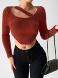 vlovelaw  Solid Asymmetrical Hem Crop Sweater, Sexy Long Sleeve Sweater For Spring & Fall, Women's Clothing