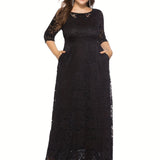 Plus Size Elegant 3/4 Sleeve Crew Neck Lace Dress - Fitted, Trapeze Hem, Pocket Details - Perfect for Wedding, Evening, Occasion, Engagement, Ceremony, and All-Season Events